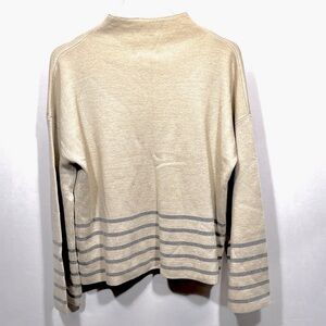 NWT Mystree Taking Aim Mock Boxy L Sweater Bell Sleeves Tan Slate Blue Stripe